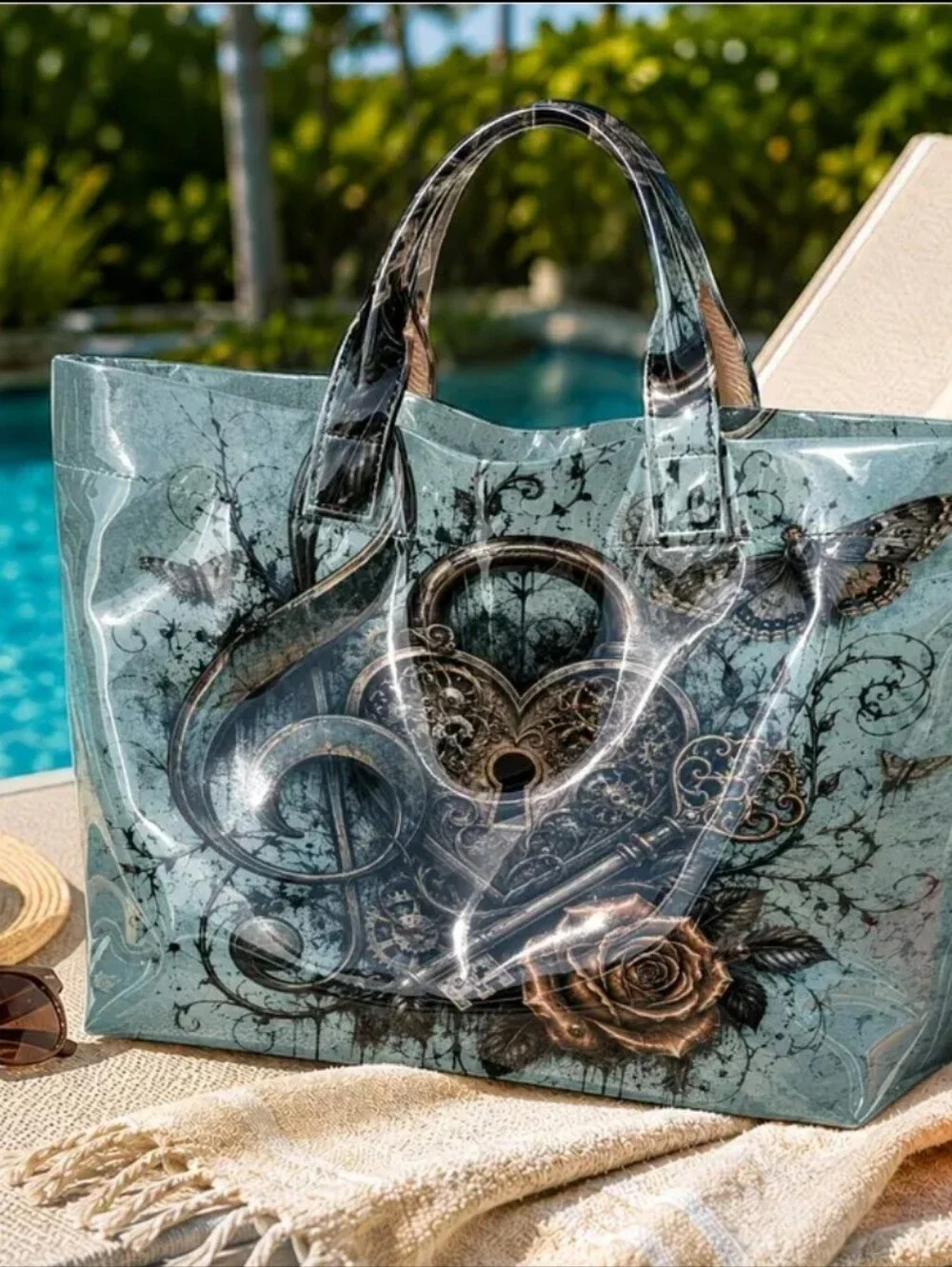 Women Vintage Dark Side Lock Key Rose Butterfly Large Hand Tote Bag